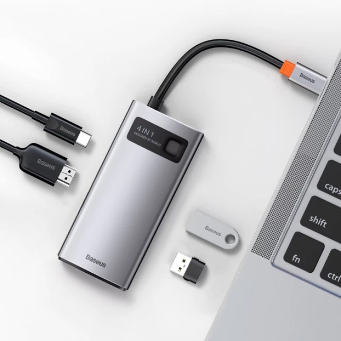 USB-хаб Baseus Metal Gleam Series 4-in-1 Multifunctional Type-C HUB Docking Station Gray（Type-C to HDMI*1+USB3.0*1+USB2.0*1+PD*1）