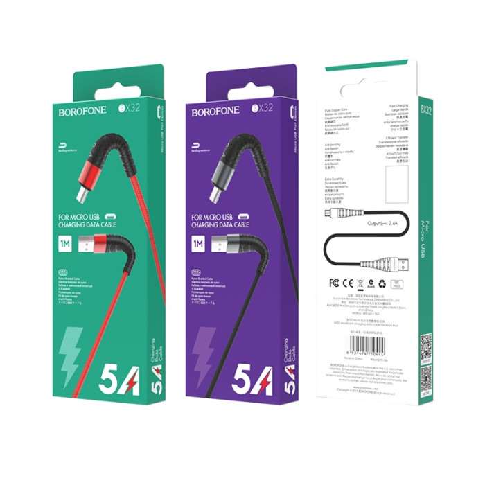 Кабель BOROFONE BX32 USB to Micro 2.4A, 1m, nylon, aluminum+TPE connectors, Black