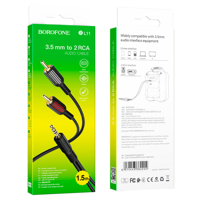 Аудіокабель BOROFONE BL11 3.5mm male to double lotus RCA, PVC, 1,5m, Black