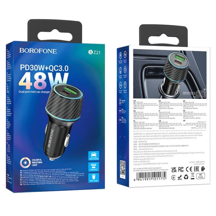 Автомобільний зарядний пристрій BOROFONE BZ21 Brilliant 48W dual port PD30W+QC3.0 car charger Black