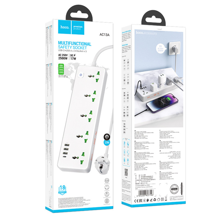 Мережевий подовжувач HOCO AC13A Talento 5-position socket(1C3A) (1,5 m) White