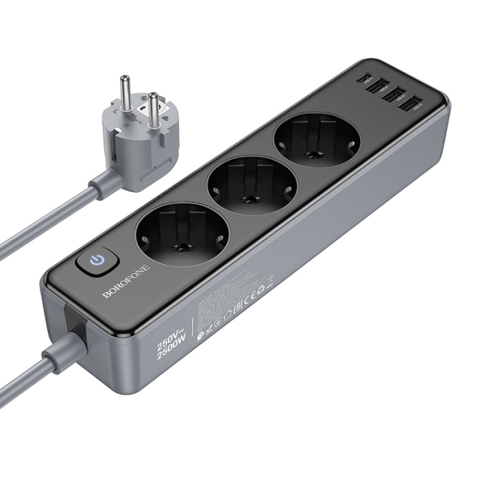 Мережевий подовжувач BOROFONE BAC8 Power 3-position socket(1C3A)(EU/GER)(L=3M) Black