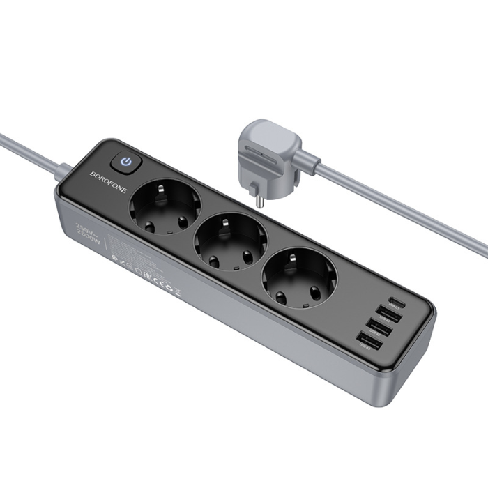 Мережевий подовжувач BOROFONE BAC8 Power 3-position socket(1C3A)(EU/GER)(L=3M) Black