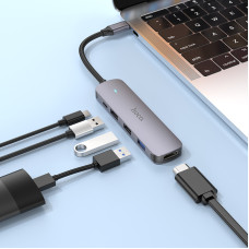 USB-хаб HOCO HB27 Type-C multi-function converter(HDTV+USB3.0+USB2.0*2+PD) Metal Gray