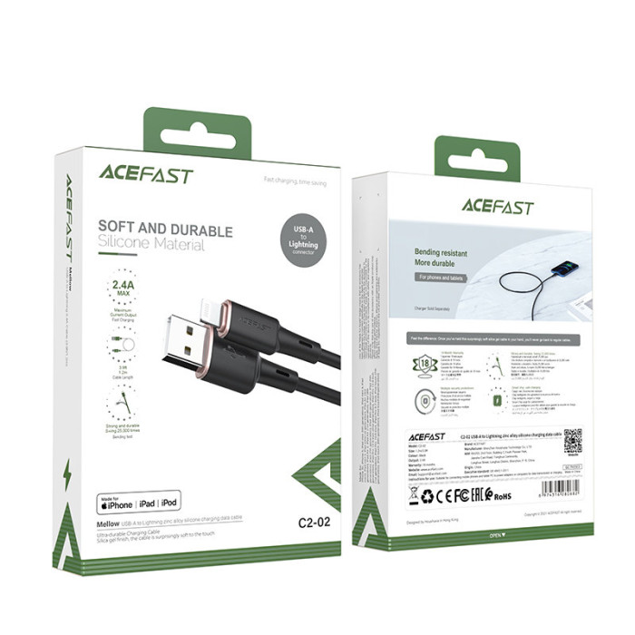 Кабель ACEFAST C2-02 USB to iP 2.4A, 1.2m, silicone, zinc connectors, Black