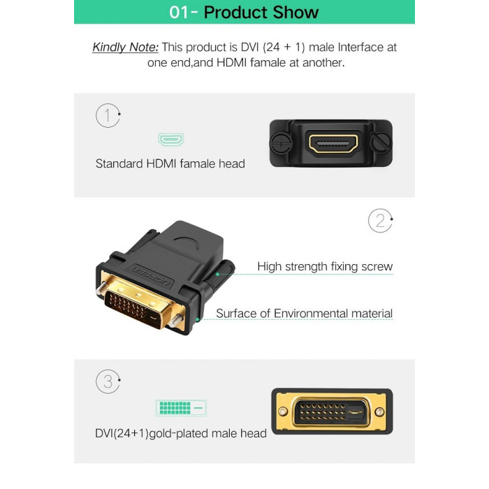 Адаптер UGREEN 20124 DVI 24+1 Male to HDMI Female Adapter (Black) (UGR-20124)
