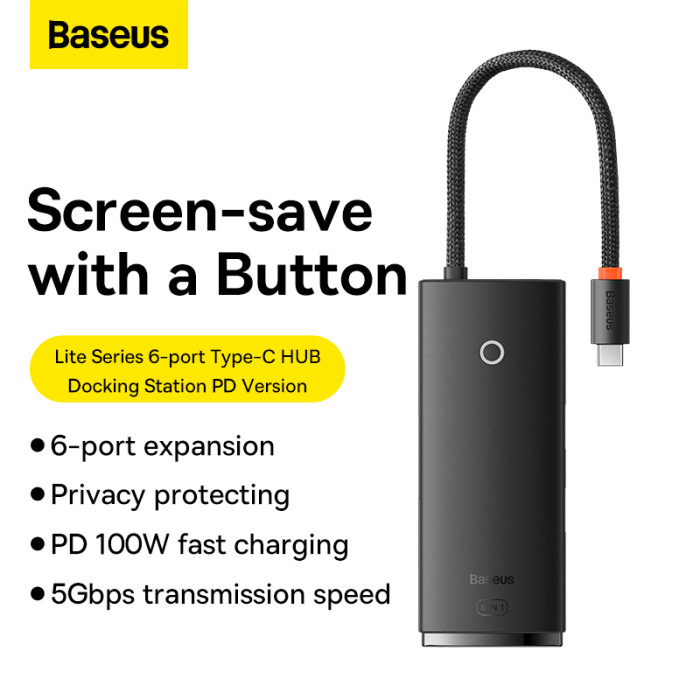 USB-хаб Baseus Lite Series 6-Port Type-C HUB Docking Station (Type-C to HDMI+USB3.0*2+PD+SD/TF) Black