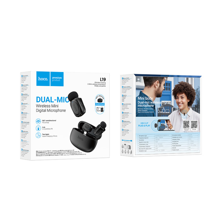 Бездротова мікрофонна система HOCO L19 Graceful dual-mic (iP/Type-C) Black