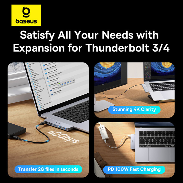 USB-хаб Baseus UltraJoy Series 5-Port HUB Space Grey (USB-C*2 to USB-C 40Gbps*1+HDMI 4K@30Hz*1+USB3.0*3）