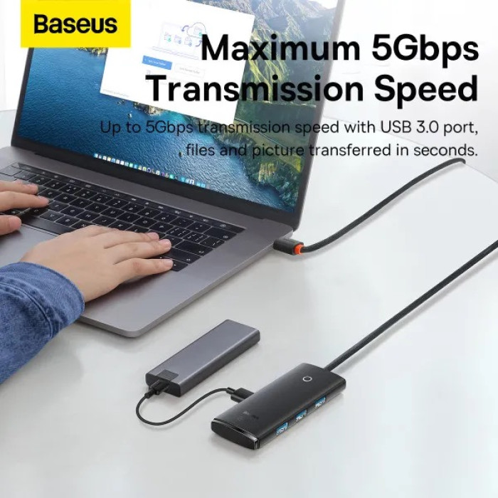 USB-хаб Baseus Lite Series 4-Port Type-C HUB Adapter (Type-C to USB 3.0*4 ) 1m Black