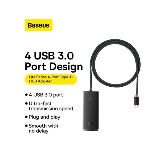 USB-хаб Baseus Lite Series 4-Port Type-C HUB Adapter (Type-C to USB 3.0*4 ) 1m Black