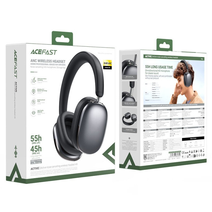 Бездротові накладні навушники ACEFAST H9 active noise cancelling wireless headset, ANC, Gray