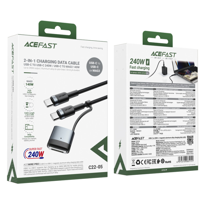 Кабель ACEFAST C22-05 USB-C to USB-C / magnetic aluminum alloy charging data cable Black