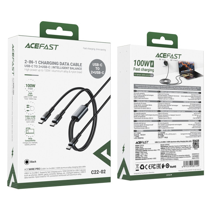 Кабель ACEFAST C22-02 USB-C to 2*USB-C 100W aluminum alloy charging data cable Black