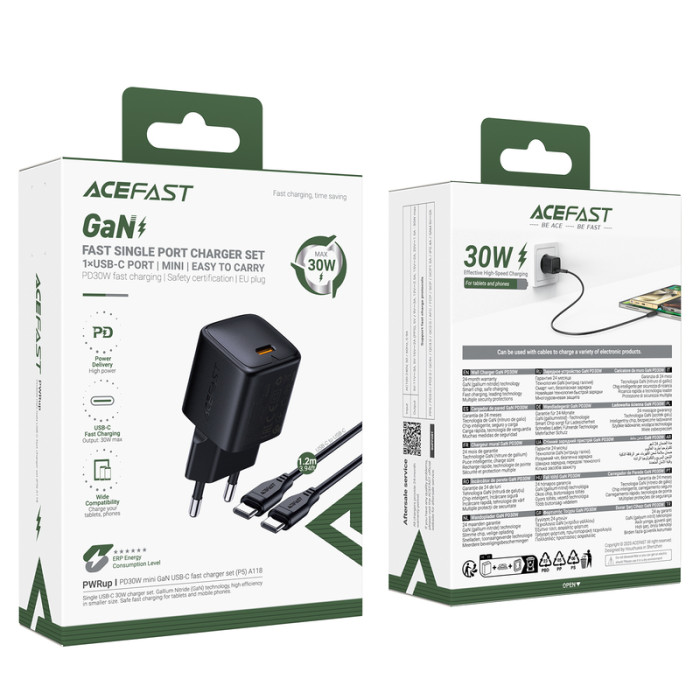 Мережевий зарядний пристрій ACEFAST A118 PD30W mini GaN USB-C fast charger Black