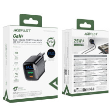 Мережевий зарядний пристрій ACEFAST A114 PD25W GaN charger (USB-A+USB-C) with digital display Black
