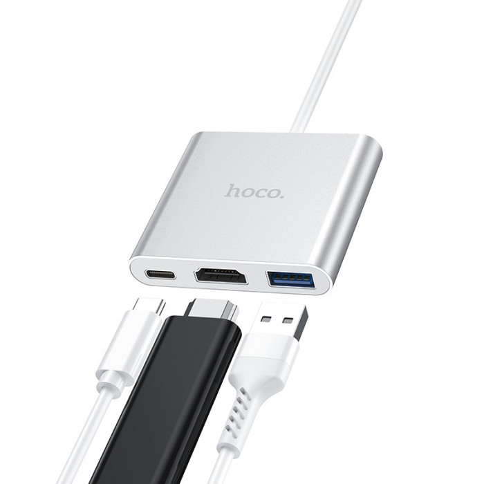 USB-хаб HOCO HB14 Easy use Type-C adapter(Type-C to USB3.0+HDMI+PD) Silver