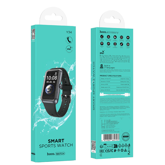 Смарт-годинник HOCO Y34 37mm. 180 mAh. IP67 Smart sports watch(call version) Black