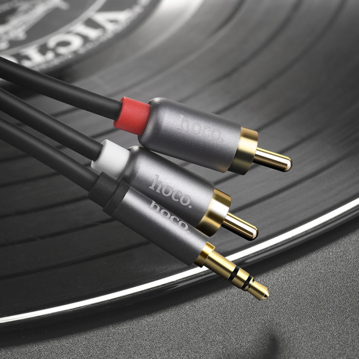 Аудіокабель HOCO UPA10 3.5mm male to double lotus RCA, TPE, 1.5m, Metal Gray