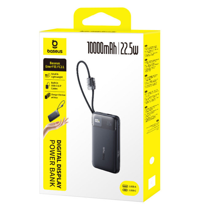 Зовнішній акумулятор Baseus EnerFill FC11 Digital Display Power Bank with Dual Built-in Cables 10000mAh 22.5W Cosmic Black