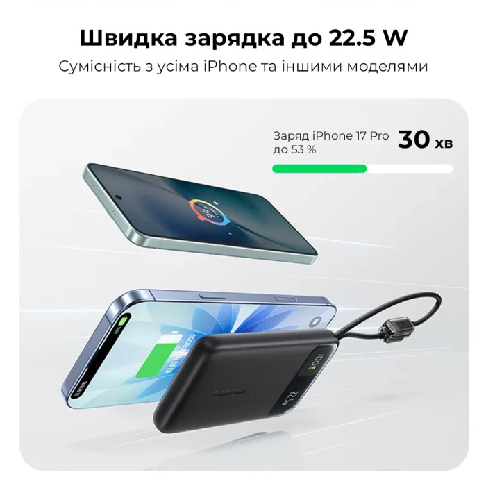 Зовнішній акумулятор Baseus EnerFill FC11 Digital Display Power Bank with Dual Built-in Cables 20000mAh 22.5W Cosmic Black