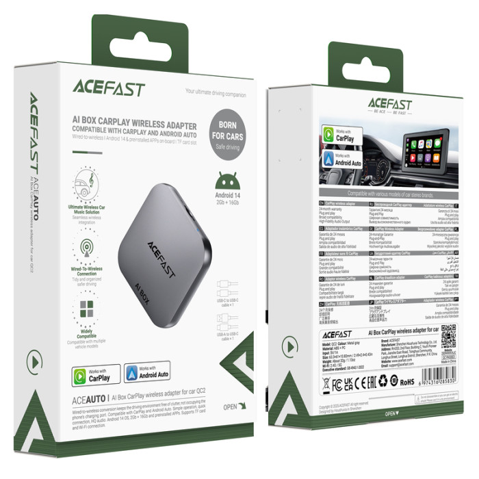 Адаптер ACEFAST QC2 AI Box CarPlay wireless adapter for car Metal Gray