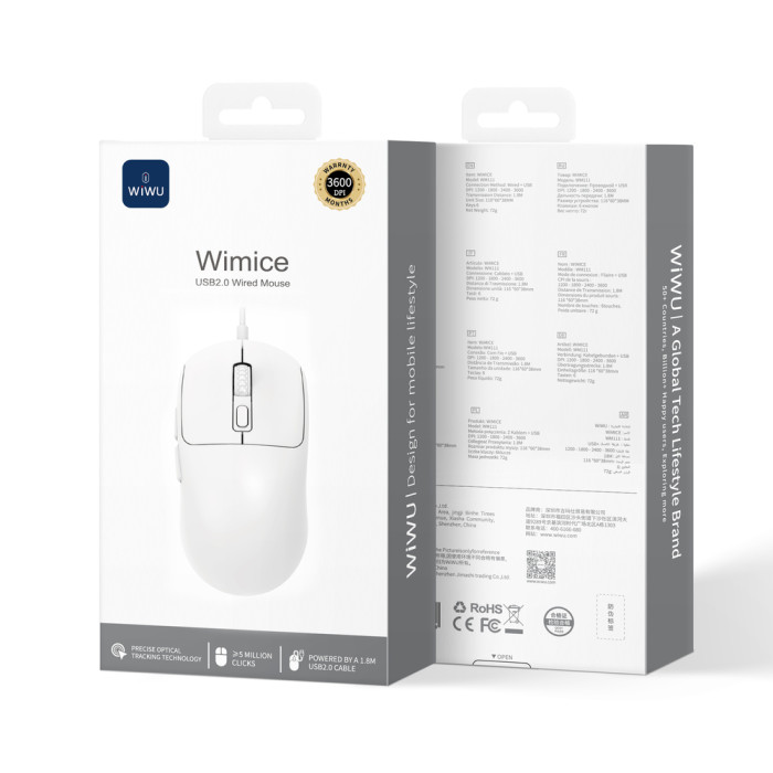 Маніпулятор миша дротова WIWU USB2.0 Wired Mouse WM111 White