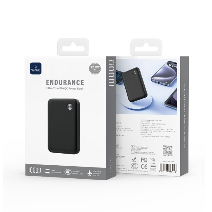 Зовнішній акумулятор WIWU 22.5W Endurance Ultra-Thin PD+QC Power Bank 10000mAh Wi-P059 Black