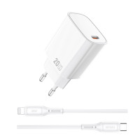 Мережевий зарядний пристрій з кабелем WIWU 20W Essen GaN Fast Charger+ Cable Combo Wi-G007 C-L EU White