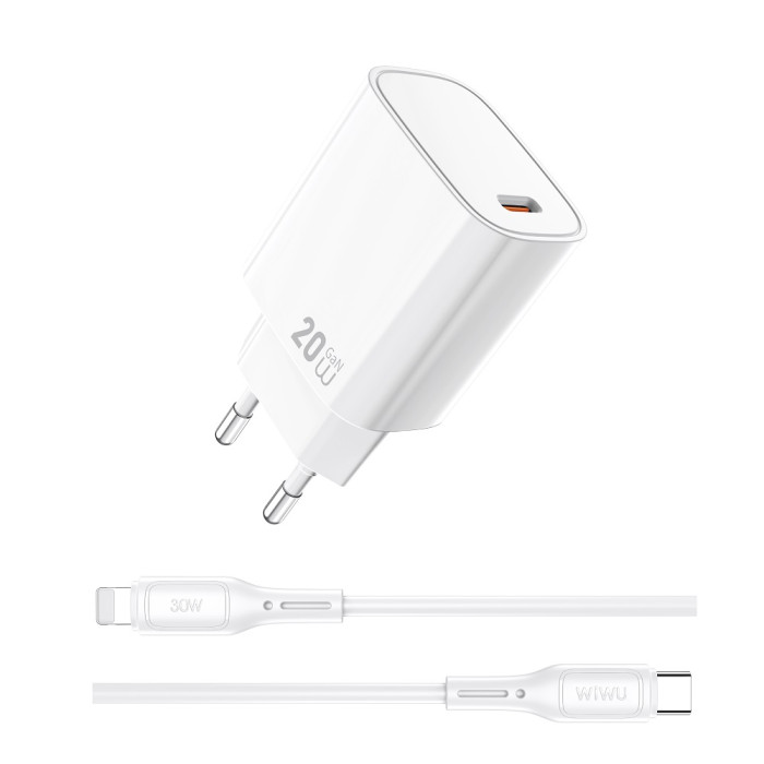 Мережевий зарядний пристрій з кабелем WIWU 20W Essen GaN Fast Charger+ Cable Combo Wi-G007 C-L EU White