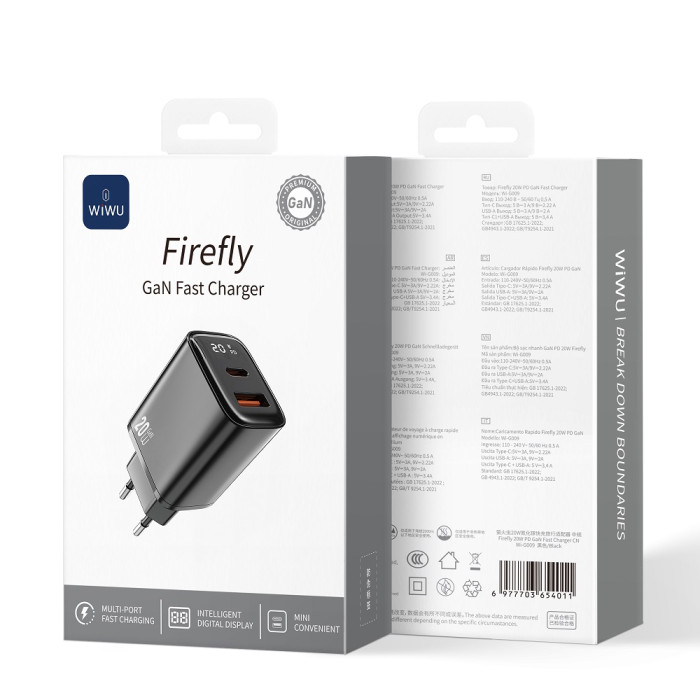 Мережевий зарядний пристрій WIWU 20W Firefly GaN Fast Charger 1A+1C with digital display Wi-G009 EU Black