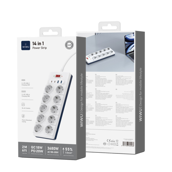 Мережевий подовжувач WIWU 14 in 1 20W GaN Power Strip 2C+2A+10AC Wi-S008 EU (2 m) White