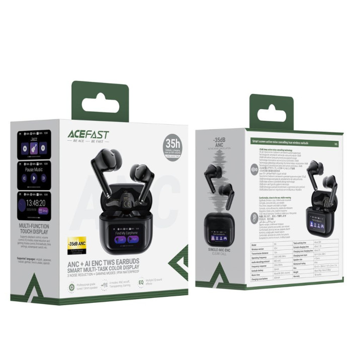 Бездротові навушники TWS ACEFAST W6 smart screen,ENC, IPX4, Black