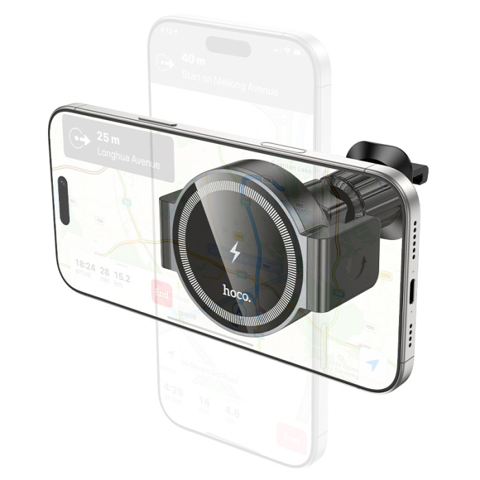 Автотримач для телефона з БЗП HOCO HW35 Power electric magnetic wireless fast charging car holder(air outlet) Black