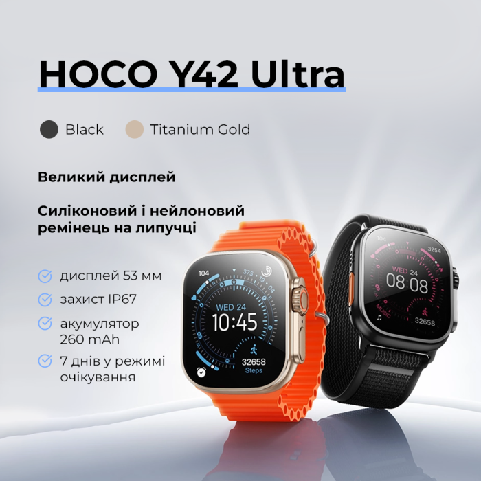 Смарт-годинник HOCO Y42 Ultra 53mm. 260 mAh. IP67 Smart watch(call version) Black