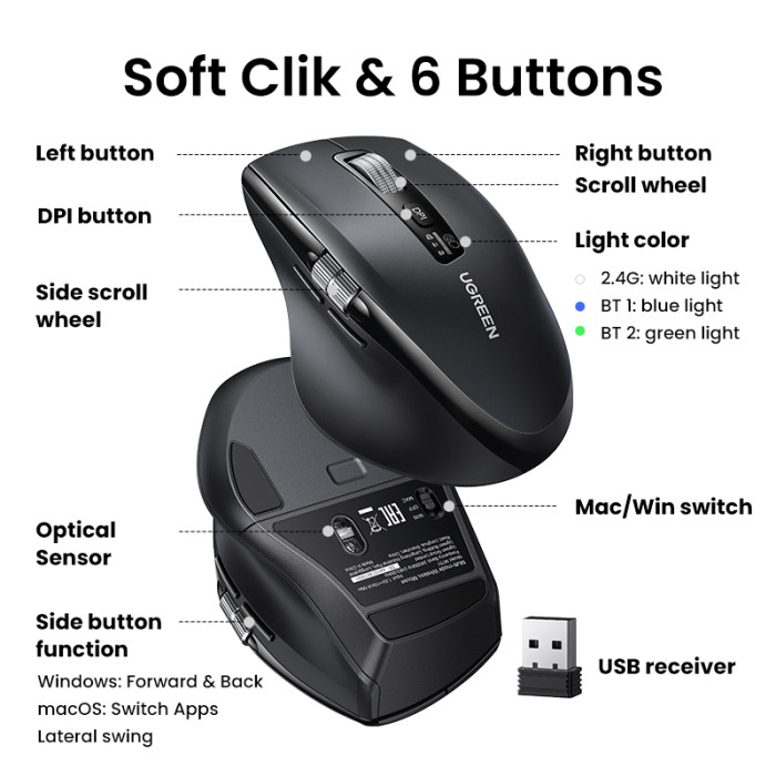 Маніпулятор миша бездротова UGREEN M751 Multi-mode Wireless Mouse Black