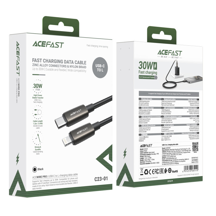Кабель ACEFAST C23-01, USB to iP, 30W,1.2m, Nylon, Zinc alloy + TPE connectors, Black