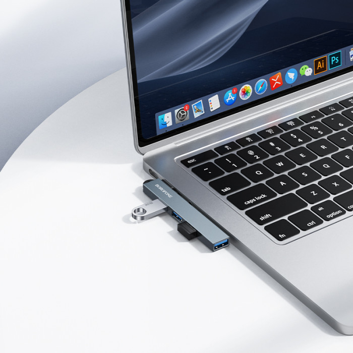 USB-хаб BOROFONE FH1 4-in-1 converter(USB to USB2.0*3+USB3.0) Metal Gray