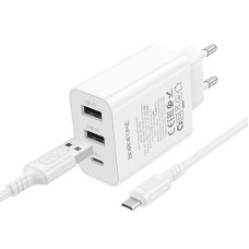 Мережевий зарядний пристрій з кабелем BOROFONE BA105A Stellar three-port charger set (Micro) (EU) White