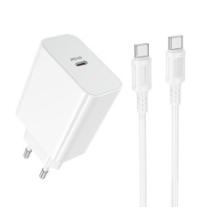 Мережевий зарядний пристрій з кабелем BOROFONE BA107A Stellar single port PD30W charger set (C to C) (EU) White