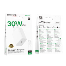 Мережевий зарядний пристрій з кабелем BOROFONE BA107A Stellar single port PD30W charger set (C to C) (EU) White