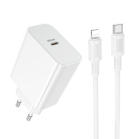 Мережевий зарядний пристрій з кабелем BOROFONE BA107A Stellar single port PD30W charger set (C to iP) (EU) White