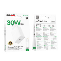 Мережевий зарядний пристрій з кабелем BOROFONE BA107A Stellar single port PD30W charger set (C to iP) (EU) White