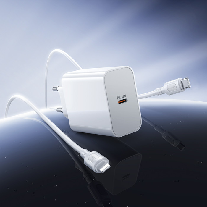 Мережевий зарядний пристрій з кабелем BOROFONE BA107A Stellar single port PD30W charger set (C to iP) (EU) White