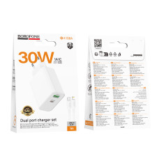 Мережевий зарядний пристрій з кабелем BOROFONE BA108A Stellar PD30W+QC3.0 charger set (C to iP) (EU) White