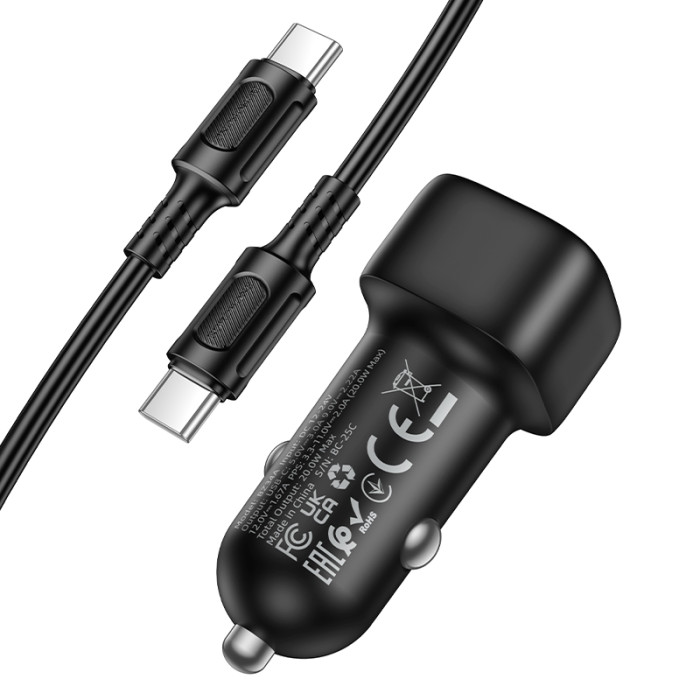 Автомобільний зарядний пристрій BOROFONE BZ34A Cloud single port PD20W car charger set (C to C) Black