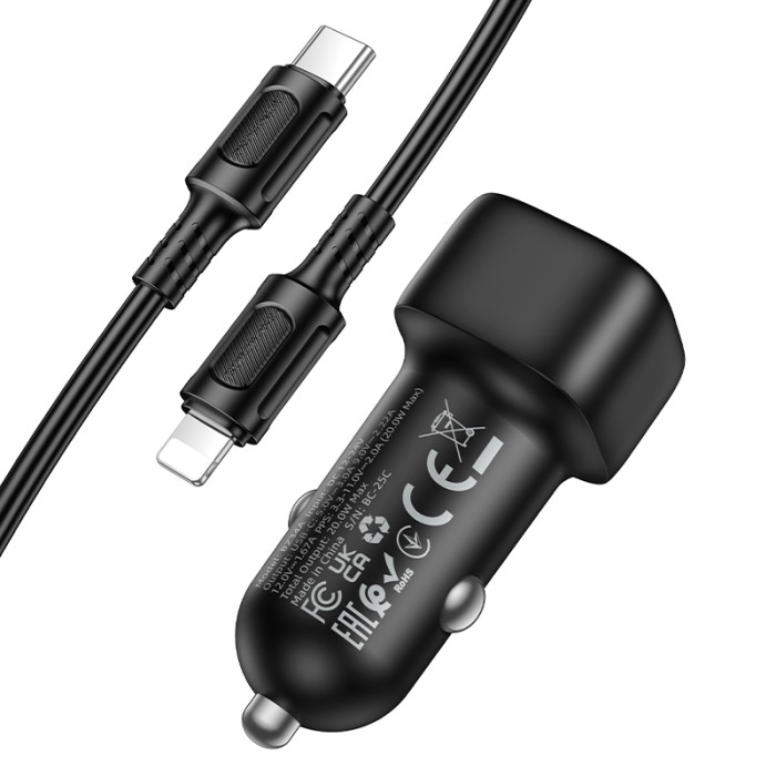 Автомобільний зарядний пристрій BOROFONE BZ34A Cloud single port PD20W car charger set (C to iP) Black