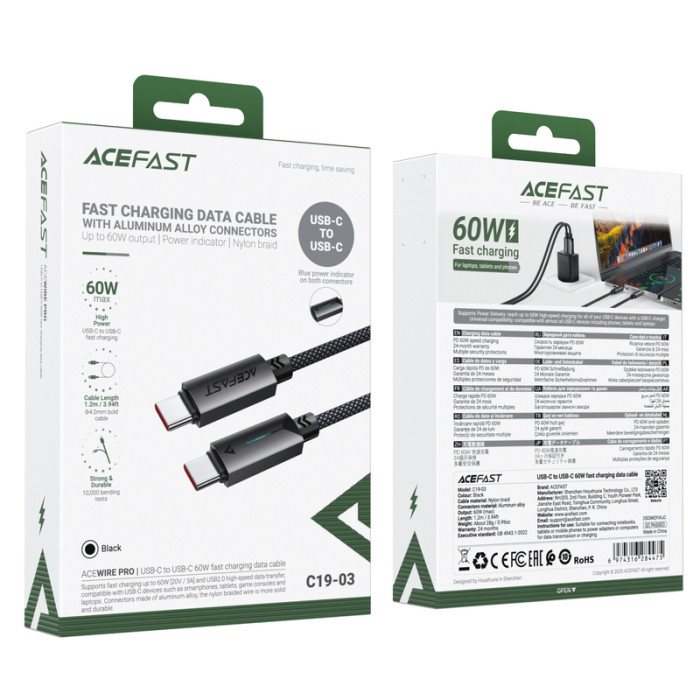 Кабель ACEFAST C19-03, Type-C to Type-C, 60W, 1.2m, Nylon Braid, Aluminum Alloy connectors, Black