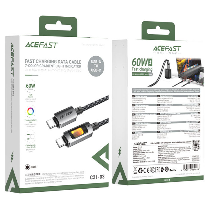 Кабель ACEFAST C21-03, Type-C to Type-C, 60W, 1.2m, Nylon, Aluminum Alloy connectors, Black