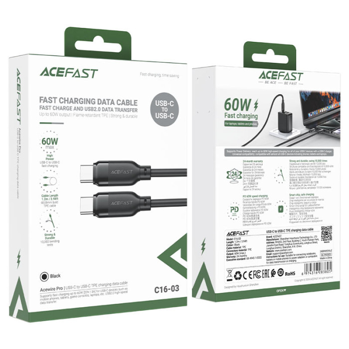 Кабель ACEFAST C16-03, Type-C to Type-C, 60W, 1.2m, TPE, TPU connectors, Black